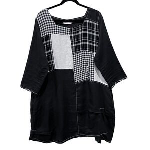 Bodil XL Patchwork Linen‎ Black White Lagenlook 3/4 Sleeve Tunic Dress Pockets